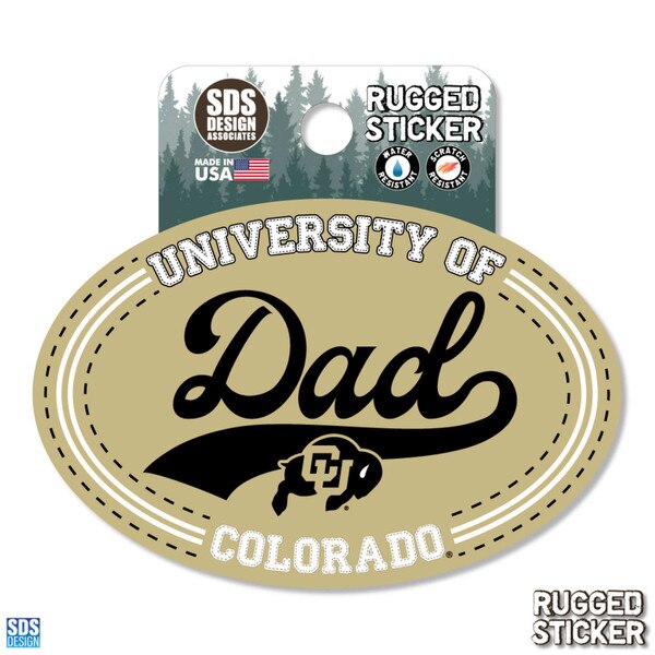 University of Colorado rugged sticker with “University of Colorado Dad” text and Colorado Buffaloes logo on an oval Vegas gold background.